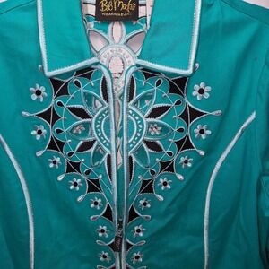 Vintage Bob Mackie Wearable Art Shirt Jacket Women Size Medium Teal Stretchy
